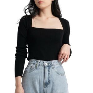 Emory Park Ribbed Knit Square Neck Stretch Long Sleeve Fine Knit Sweater